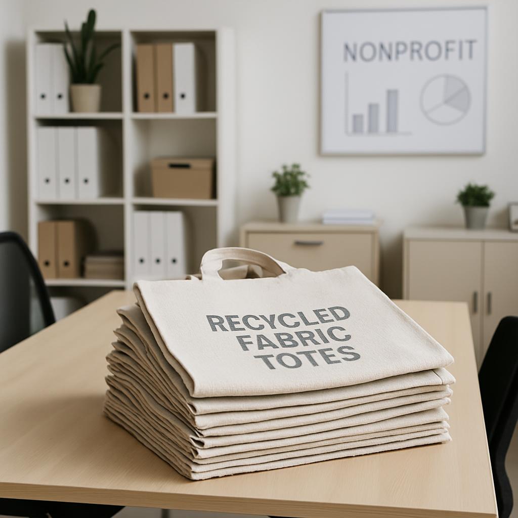 Image description: Stacked textile tote bags on a table, with a shelf and sign in the background.