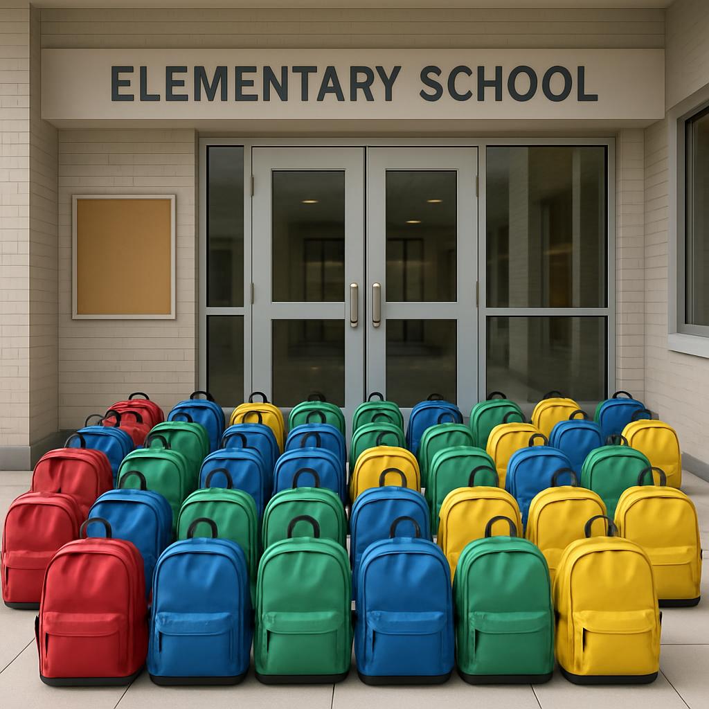 Elementary school entrance with colorful backpacks lined up in front.