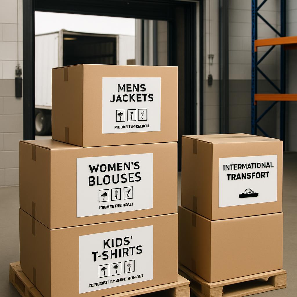 Cardboard boxes with labels for "Mens Jackets", "Women's Blouses", and "Kids T-Shirts" and a clipboard label that says "In...