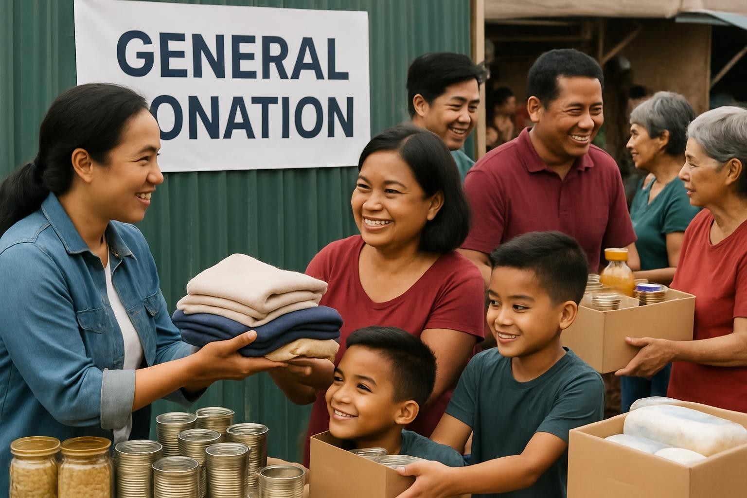 a general donation event with Filipino people giving clothes, food, and supplies to a community