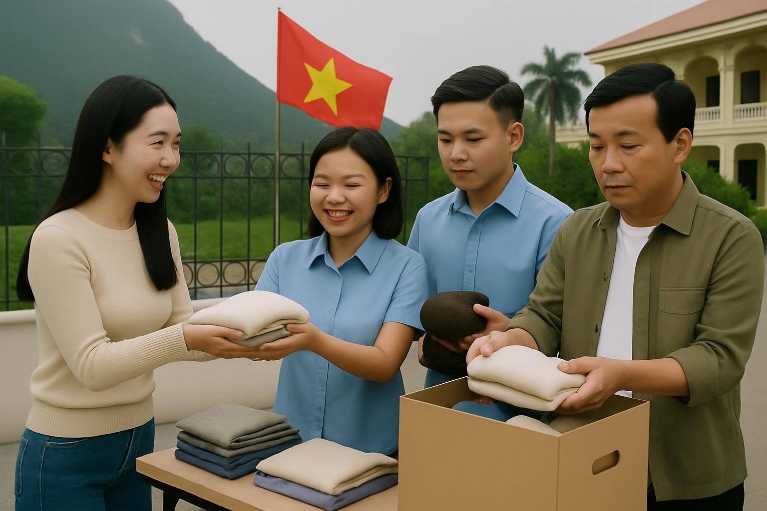 Give the person in the image a head. The image is a clothing donation event with Vietnamese people and a Vietnam background.