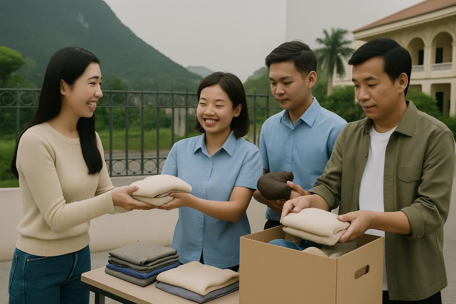 Remove the Vietnam flag from the clothing donation event image with Vietnamese people and a Vietnam background.